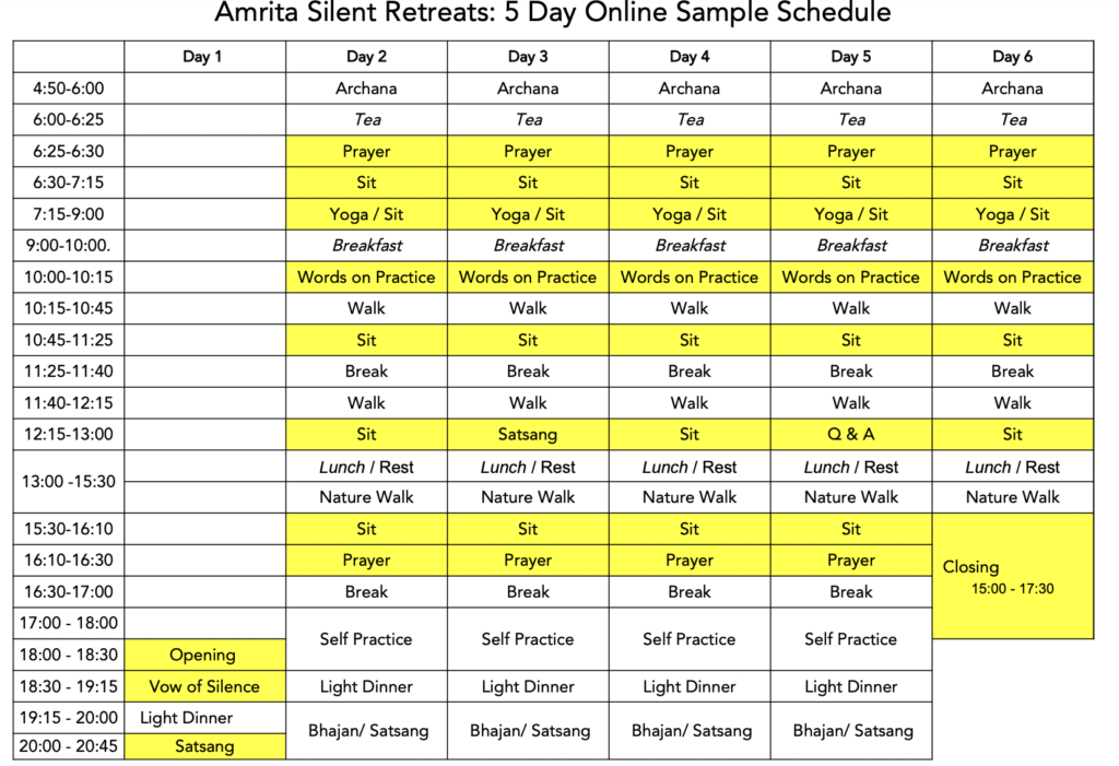 Amrita Silent Retreatのプログラムスケジュール